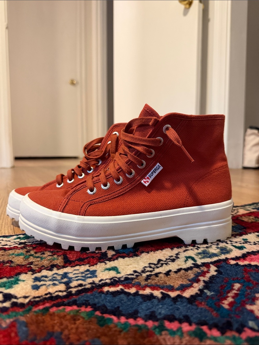 Superga Women's Rust High-Top Canvas Sneakers with White Platform Sole